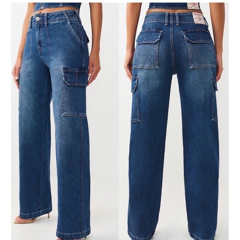 True Religion Jeans Womens size  28 blue denim cargo straight NEW